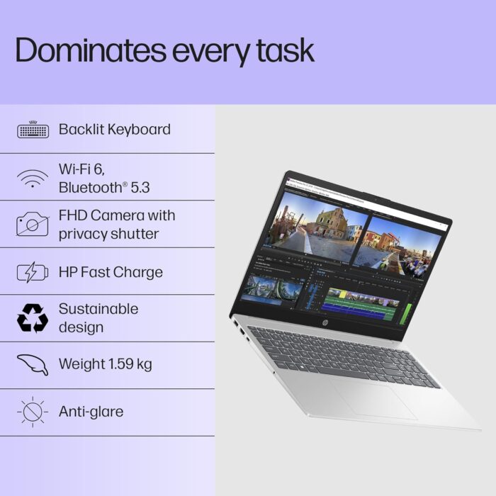 HP 15, 13th Gen Intel Core i3-1315U Laptop (8GB DDR4,512GB SSD) Anti-Glare, Micro-Edge,15.6'' FHD, Backlit KB,Win11,M365 Basic(1yr),Office Home24, Silver,1.59kg, FHD Camera w/Privacy Shutter - Image 6